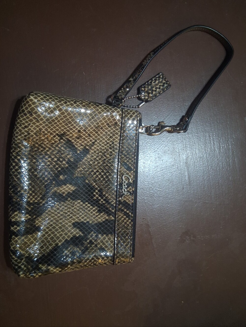 Coach Brown Snake-Print Patent Wristlet🐍
